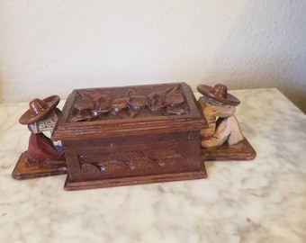 Vintage Wood Trinket Box Mexican Folk Art Carved and  Handpainted figures attached free shipping TripleJsOddities