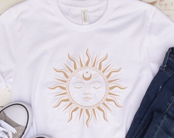 Sun Tshirt, Celestial Sunshine Tee, Mystial Sun TShirt, Boho Tee, Celestial Graphic Tee, Sun and Moon Tee,Sun Graphic Tee, Sun Moon Stars T