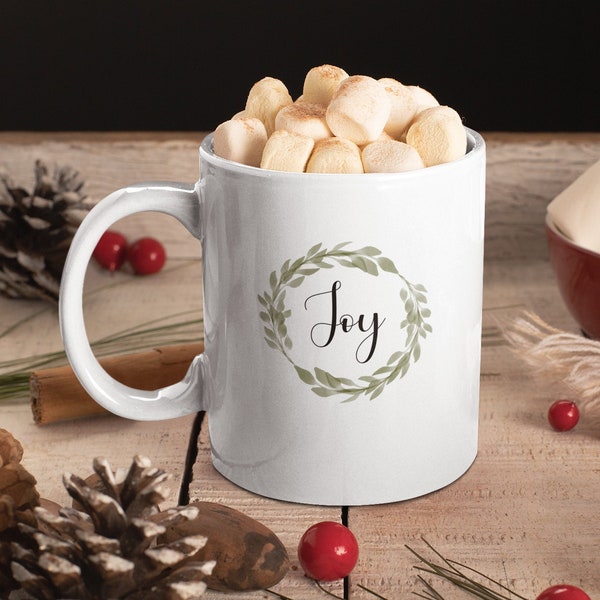 Joy Mug, Joy Wreath Coffee Mug, Positive Quote Mug,Inspirational Tea Cup, Motivational Gift, Gift For Her, Christmas Mug, Choose Joy Mug