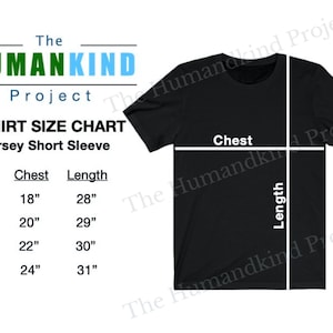 May include: A size chart for t-shirts with a black t-shirt mockup. The chart shows sizes S, M, L, and XL with corresponding chest and length measurements in inches.