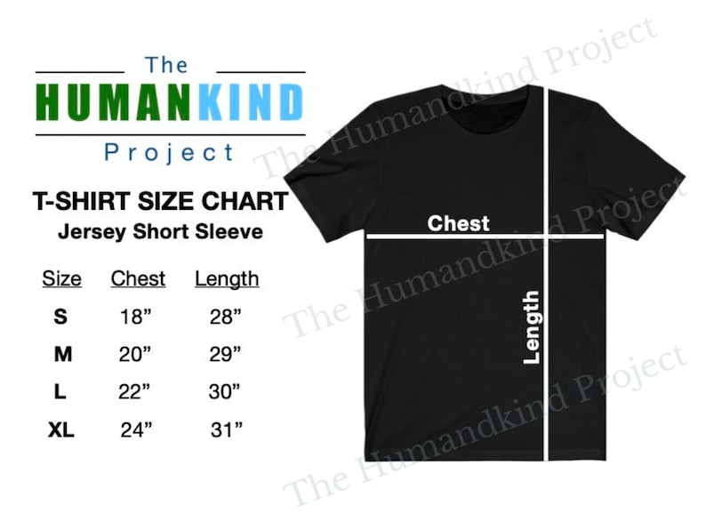 May include: A size chart for t-shirts with a black t-shirt mockup. The chart shows sizes S, M, L, and XL with corresponding chest and length measurements in inches.