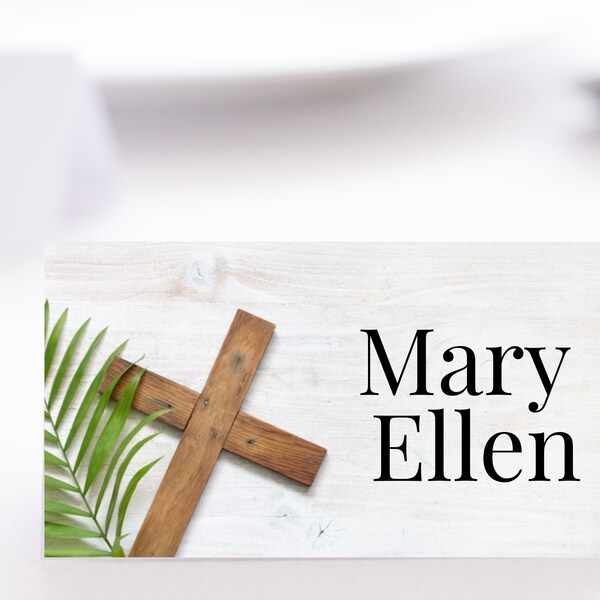 EDITABLE Name Place Card | Easter Wooden Cross - He Is Risen - Place setting Name Card Template, Food Menu Card/Tent - Instant Download