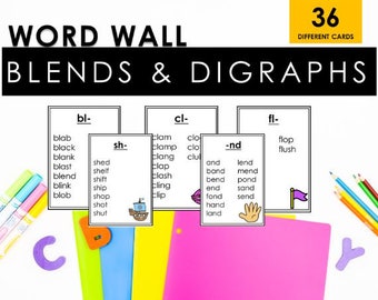 36 Blends and Digraph Cards, Word Wall, Download, Decoding words, Reading lists, First Grade, Kindergarten