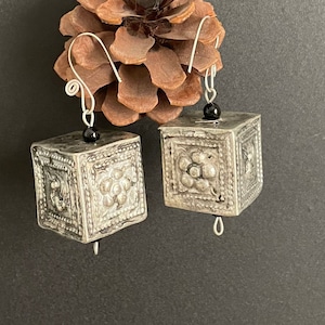 One Pair Hmong Silver Earrings,Vintage Earring Cube Design,Miao Silver ,Tribal Jewelry ,Boho Style.