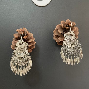 One Pair Hmong Silver Earrings,Vintage Earrings,Peacock Design,Miao Silver ,Tribal Jewelry ,Boho Style.