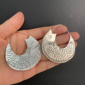 One Pair Hmong Silver Earrings,Vintage Earrings,Fish Design,Miao Silver ,Tribal Jewelry ,Boho Style.