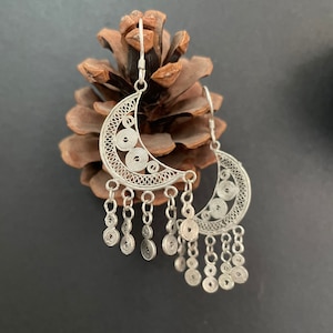 One Pair Hmong Silver Earrings,Vintage Earrings,Moon Design,Miao Silver ,Tribal Jewelry ,Boho Style.