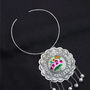 Hmong Silver Charm Necklace,Vintage ,Circle Design,Miao embroidery,Sweater detective,Miao Silver ,Tribal Necklace ,Boho Style.