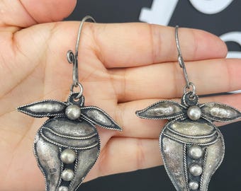 Hmong Silver Leaf design Earrings,Exaggerate Jewelry,Miao Silver ,Tribal Jewelry ,Boho Style.