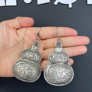 Hmong Silver Cucurbit design Earrings,Exaggerate Jewelry,Miao Silver ,Tribal Jewelry ,Boho Style.