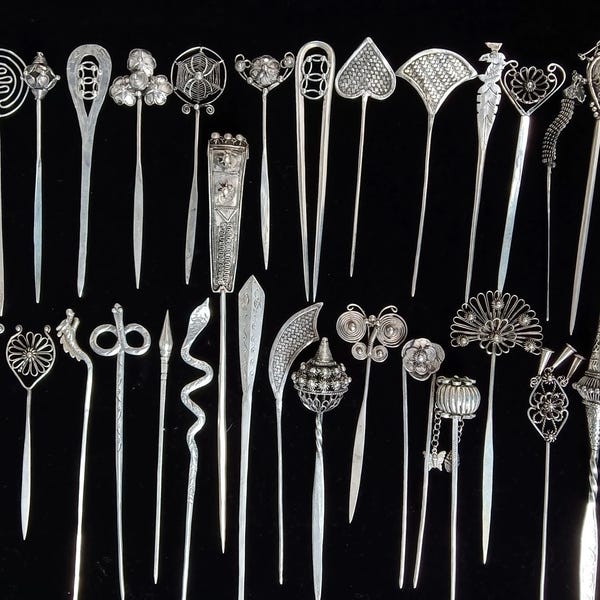 Vintage Hmong Silber Haargabel aus Kupfer oder Messing, Pfau Design Dekoration für alte, einfache Dutthalter, Haarnadel
