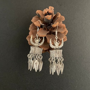 One Pair Hmong Silver Earrings,Vintage Earrings,Miao symbol Design,Miao Silver ,Tribal Jewelry ,Boho Style.