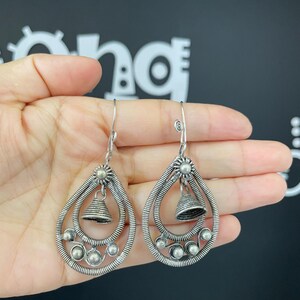 One Pair Hmong Silver Earrings,Vintage Earrings,Bell Design,Miao Silver ,Tribal Jewelry ,Boho Style.