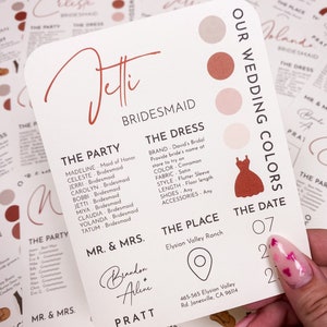 Carte d'informations sur les demoiselles d'honneur, carte d'informations sur la fête de la mariée, minimaliste moderne, infographie, informations sur le garçon d'honneur, carte postale, fiançailles, mariage