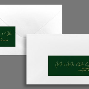 May include: Two green return address labels with gold lettering. The top label reads "Emma & John" with the address "987 Main St Glendale, AZ 05789". The bottom label reads "Mr & Mrs Ron Smith" with the address "456 Clifford Ave Sunnyside, CA 40123".