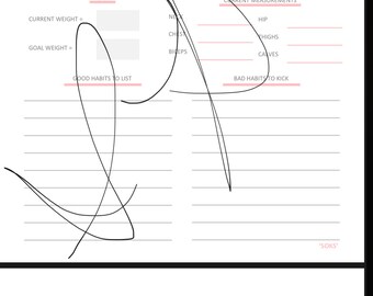 May include: A printable fitness tracker with sections for before and after measurements, good and bad habits, and a meal planner with columns for breakfast, snack, lunch, target calories, and actual calories.