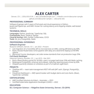 Resume Template Word for Tech Workers | Software Engineer CV, ATS-Friendly + Cover Letter, IT Developer Jobs
