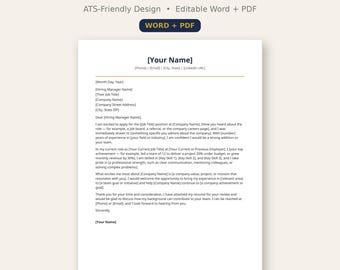 Plantilla de carta de presentación en Word / Ejemplo de solicitud de empleo profesional, compatible con sistemas ATS, con diseño de currículum vitae a juego en PDF.