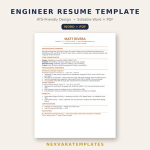 May include: An engineer resume template with a clean layout, featuring sections for professional summary, core competencies, experience, projects, certifications, and education. The document includes placeholder text for Matt Rivera.