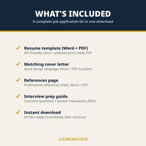 May include: A digital job-application kit infographic with a dark blue header and cream background. Text reads: WHAT'S INCLUDED, A complete job-application kit in one download, Resume template, Matching cover letter, References page, Interview prep guide, Instant download, and CLICKCASTLECO.