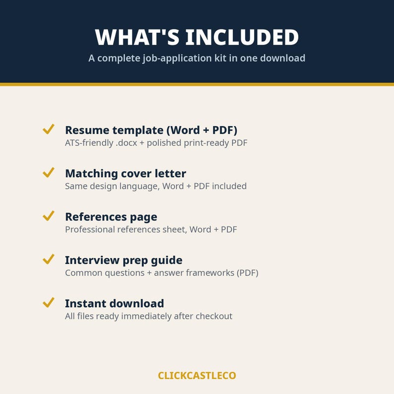 May include: A digital job-application kit infographic with a dark blue header and cream background. Text reads: WHAT'S INCLUDED, A complete job-application kit in one download, Resume template, Matching cover letter, References page, Interview prep guide, Instant download, and CLICKCASTLECO.