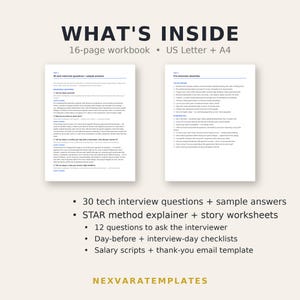 May include: A 16-page digital workbook for tech interviews, available in US Letter and A4 sizes. It includes 30 interview questions with sample answers, STAR method worksheets, interviewer questions, checklists, salary scripts, and email templates.