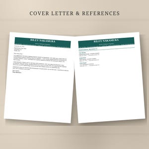 May include: A document titled COVER LETTER & REFERENCES featuring two white pages with dark green headers. The text includes the name Riley Nakamura, Senior Software Engineer, contact details, a formal cover letter, and professional references.