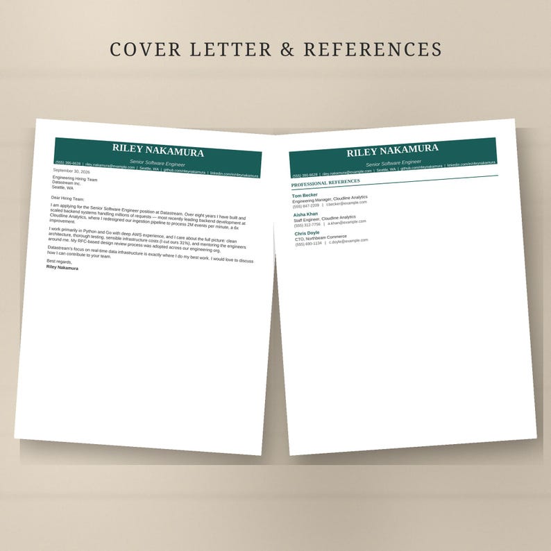 May include: A document titled COVER LETTER & REFERENCES featuring two white pages with dark green headers. The text includes the name Riley Nakamura, Senior Software Engineer, contact details, a formal cover letter, and professional references.