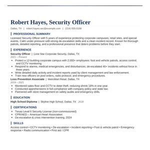 Pacchetto di modelli per curriculum vitae di guardia giurata / Curriculum vitae, lettera di presentazione e referenze per agente di sicurezza in formato Word + PDF