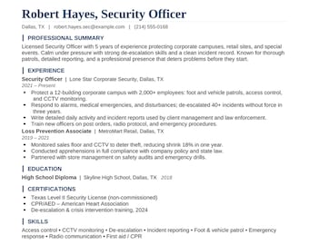 Paquete de plantillas de currículum para guardia de seguridad / Currículum, carta de presentación y referencias para oficial de seguridad (Word + PDF)