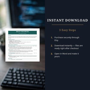 May include: A digital CV template for a Senior Software Engineer named Riley Nakamura, featuring a dark green header, professional profile, technical skills, experience, and education sections, alongside text instructions for an instant download.