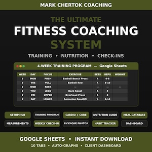 Pode incluir: Um sistema de coaching de fitness digital para Google Sheets de Mark Chertok. A interface apresenta uma tabela de programa de treino de 4 semanas com colunas para dia, foco, exercício, séries e repetições, além de botões para nutrição e monitoramento.