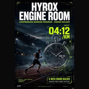 May include: A digital poster titled HYROX ENGINE ROOM featuring a runner on a track, a large stopwatch graphic with the text 04:12 /KM, and neon green accents. The text includes COMPROMISED RUNNING PROGRAM, ENGINE BUILDER, and 8-WEEK ENGINE BUILDER.
