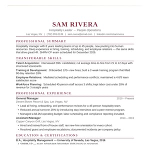 May include: A professional resume for Sam Rivera, a hospitality leader in Las Vegas, NV. The document details professional summary, transferable skills, experience as a General Manager and Assistant Manager, and education in hospitality management.