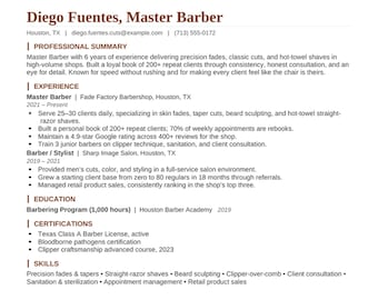 Paquete de plantillas de currículum para barbero/peluquero: currículum, carta de presentación y referencias, Word + PDF