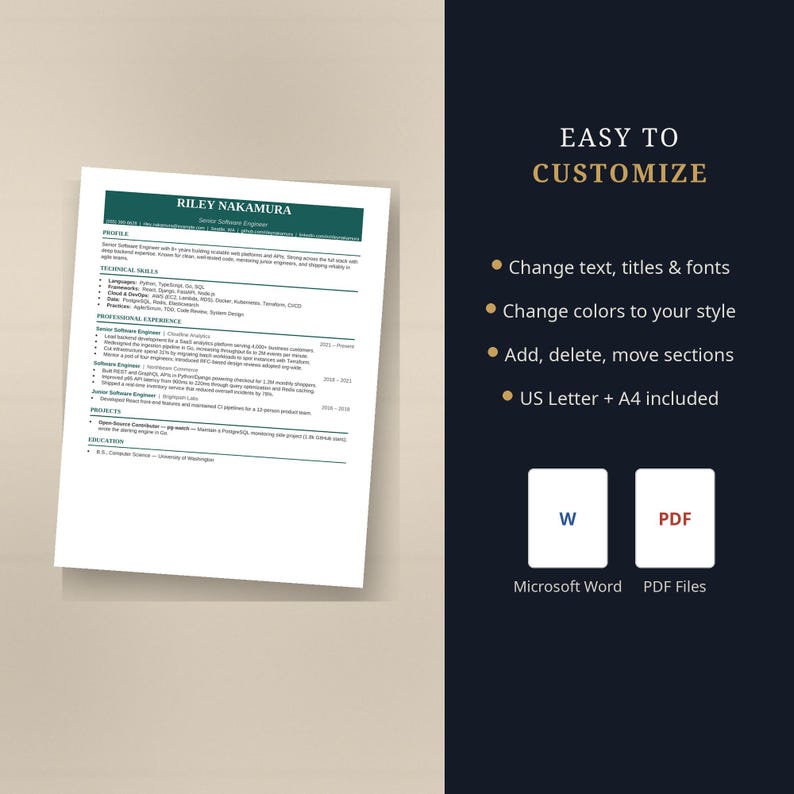 May include: A digital CV template for a Senior Software Engineer named Riley Nakamura, featuring a dark green header, white background, and black text. The right side displays the text EASY TO CUSTOMISE with icons for Microsoft Word and PDF files.