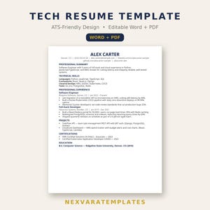 May include: A tech resume template document featuring the header TECH RESUME TEMPLATE, ATS-Friendly Design, and WORD + PDF. The resume includes sections for professional summary, technical skills, professional experience, projects, and education.