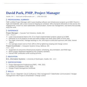 Op de afbeelding: Een professioneel cv voor David Park, PMP, projectmanager, gevestigd in Seattle, WA. Het document bevat een professionele samenvatting, ervaring bij Cascade Tech Solutions en Evergreen Systems Group, opleiding, certificeringen en vaardigheden.