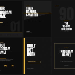 May include: A collection of six black digital templates featuring white sans-serif typography and yellow accent lines. The designs include placeholders for program names, taglines like Train Harder Smarter and Built Not Born, and numerical data points.