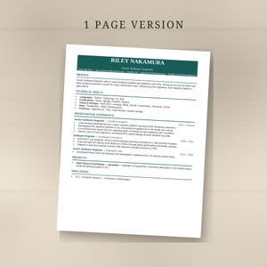 May include: A one-page CV template for a Senior Software Engineer named Riley Nakamura. The document features a dark teal header, organised sections for profile, technical skills, professional experience, projects, and education in black text.