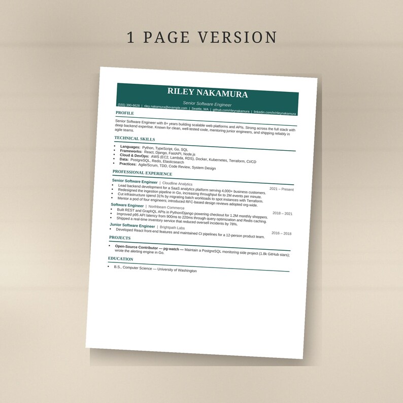 May include: A one-page CV template for a Senior Software Engineer named Riley Nakamura. The document features a dark teal header, organised sections for profile, technical skills, professional experience, projects, and education in black text.