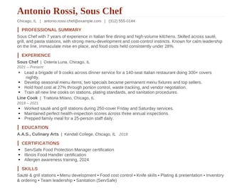 Paquete de plantillas de currículum para chef / Currículum para cocinero de línea, carta de presentación y referencias para sous chef, Word + PDF