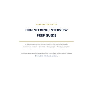 Puede incluir: Un documento blanco titulado NEXVARATEMPLATES ENGINEERING INTERVIEW PREP GUIDE. Incluye 30 preguntas con respuestas de muestra, hojas de trabajo del método STAR, preguntas para hacer, listas de verificación, guiones salariales y una plantilla.