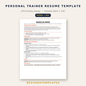 May include: A personal trainer resume template featuring a clean, professional layout with sections for professional summary, certifications, specialties, experience, skills, and education. The document includes the name Marcus Reed and text in black and orange.