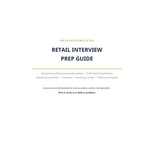 Könnte beinhalten: Ein weißes Dokument mit dem Titel NEXVARATEMPLATES RETAIL INTERVIEW PREP GUIDE in dunkelblauem Text. Es enthält 30 Fragen mit Beispielantworten, STAR-Methoden-Arbeitsblätter, Fragen zum Stellen, Checklisten, Gehaltsskripte und Vorlagen.