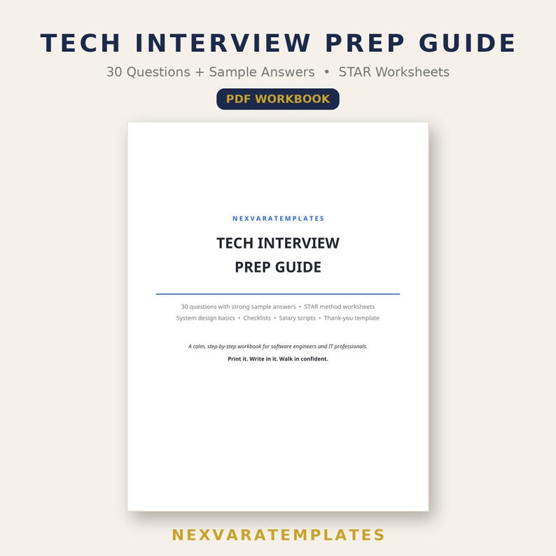 May include: A white PDF workbook titled Tech Interview Prep Guide by Nexvaratemplates. The cover features black text, a blue horizontal line, and lists 30 questions, sample answers, STAR method worksheets, system design basics, and scripts.