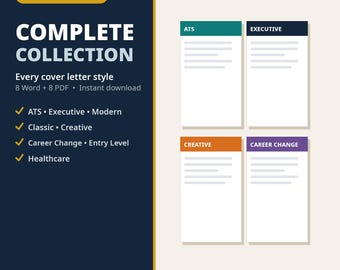 Paquete de plantillas de cartas de presentación / Los 8 estilos de cartas de presentación en Word + PDF, paquete de cartas de solicitud de empleo para ejecutivos creativos y profesionales compatibles con ATS