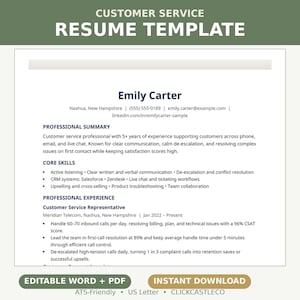 May include: A customer service resume template featuring the name Emily Carter, professional summary, core skills, and professional experience sections. The document includes text fields for contact information and job history details in a clean layout.