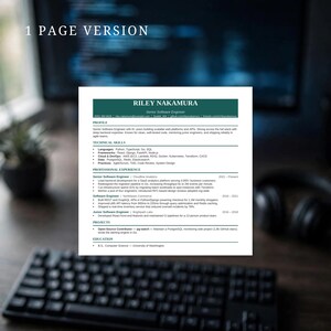 May include: A one-page professional resume template for a Senior Software Engineer named Riley Nakamura. The document features a dark green header, sections for profile, technical skills, professional experience, projects, and education.