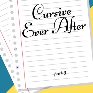 Puede incluir: Un libro de escritura titulado "Cursive Ever After, Part 3" de Ashley Griffin. La portada presenta una pila de papel rayado con una línea rosa en el lateral.